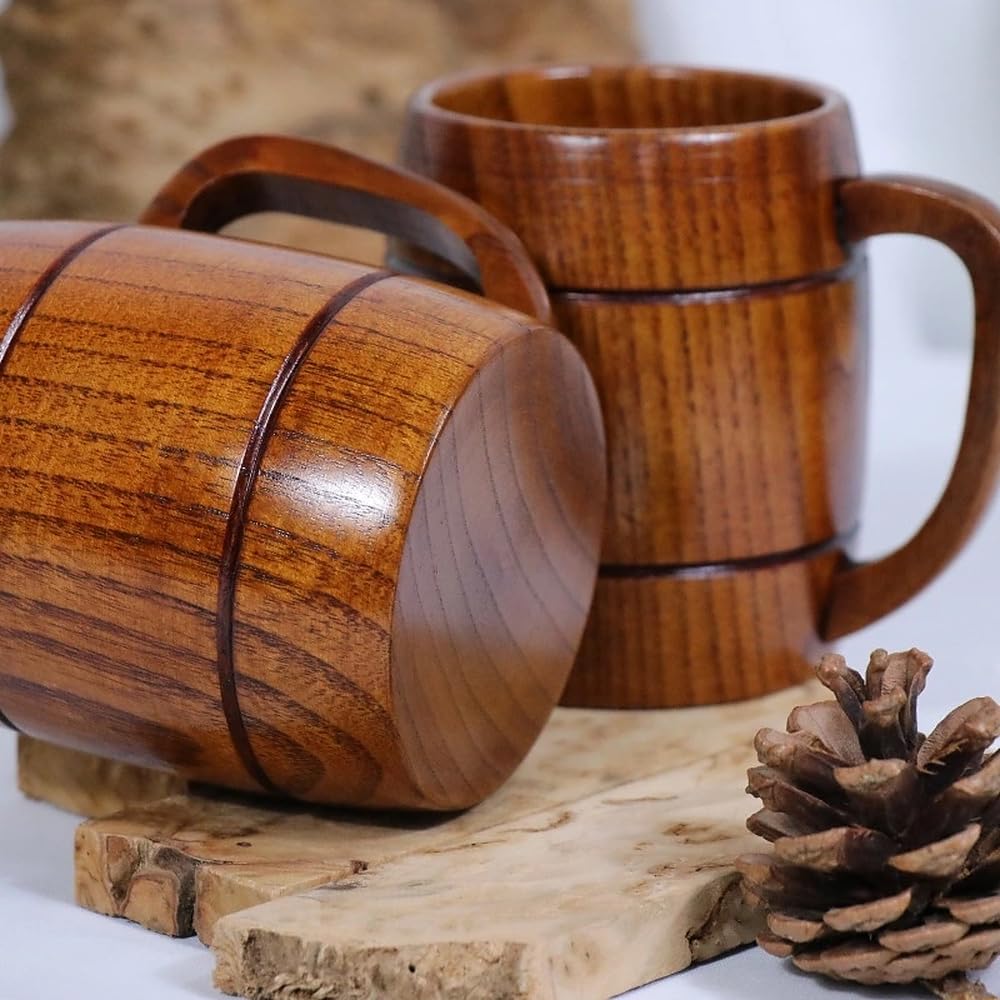Holzbecher- und Tassen-Set, handgefertigt, rustikal, Bierkrug für Kaffee, Tee, Wein, Milch, 2-teilige Naturholz-Trinkgeschirr-Kollektion