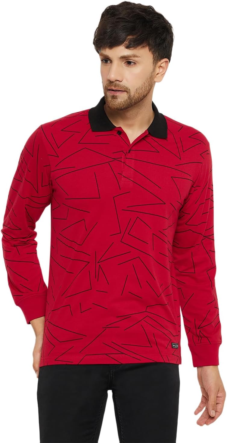 WILD WESTMens Polo Neck Red All Over Printed Full Sleeve Tshirt for Men (CNKJ)