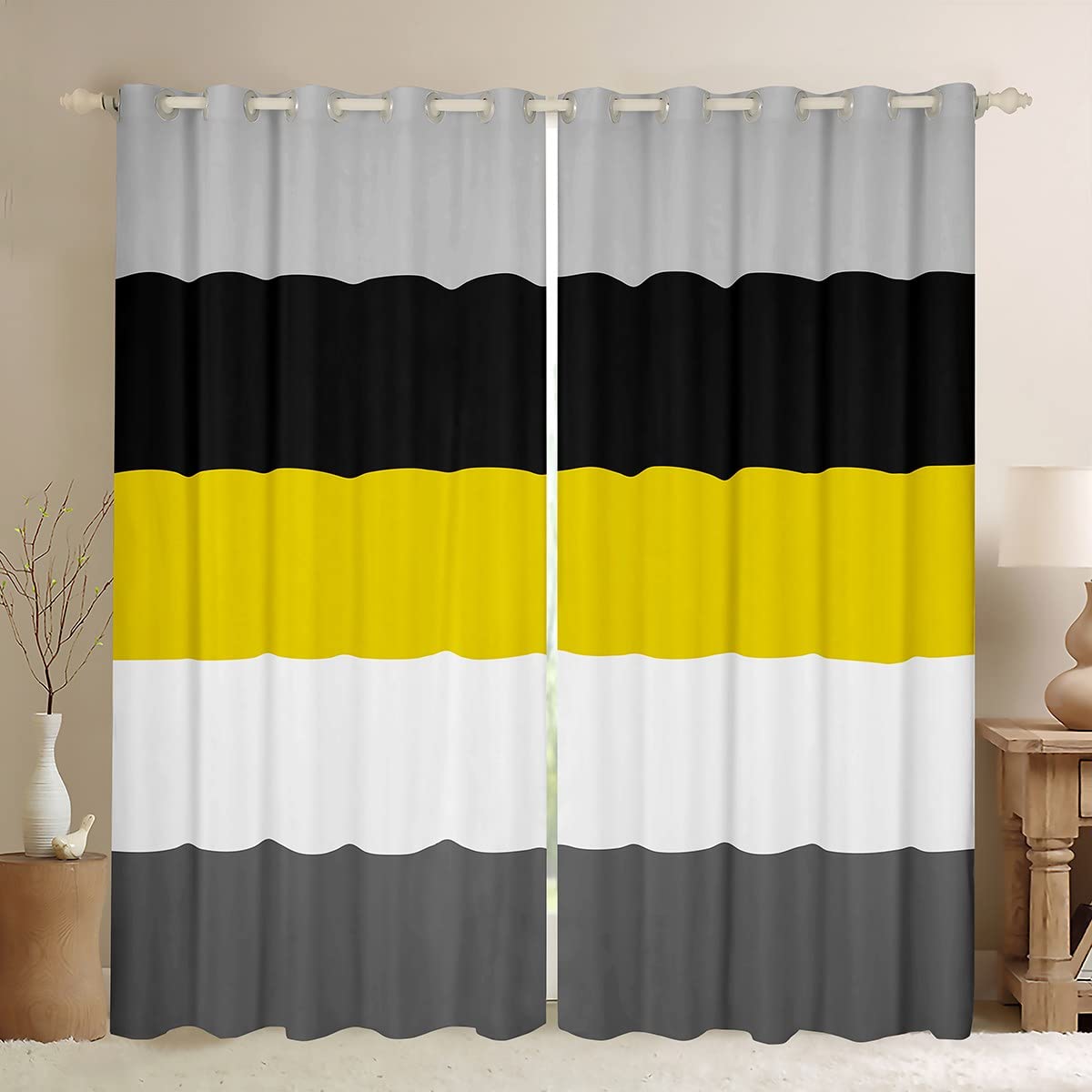 Homewish Men's Multi 05 Yellow Black Grey Blackout Curtains Geometric Striped Window Curtains 46"X54" Patchwork White Dark Gray Stripes Curtains & Drapes For Bedroom Modern Abstract Window Treatts 2 Panels