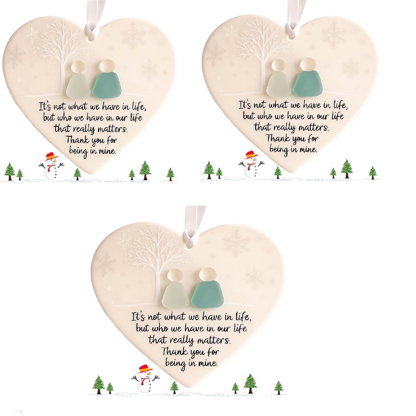 Kouamor 3 Heart-Shaped Sea Glass Friendship Decor, Sea Glass Christmas Tree Ornaments, Heart-Shaped Seas Glasss Friendship Keepsake, Seaglass Art Hanging Ornaments For Friendships (3)