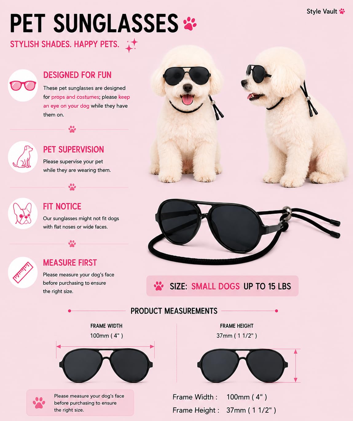 G029 Pilotenbrille für Hunde und Katzen, für kleine Rassen bis zu 6,8 kg, Schwarz