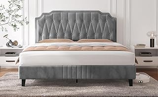 Yaheetech 4ft6 Double Upholstered Bed Frame with Adjustable Button Tufted Headboard/Velvet Fabric/Sturdy Wooden Slat Support/No Box Spring Needed, Light Grey