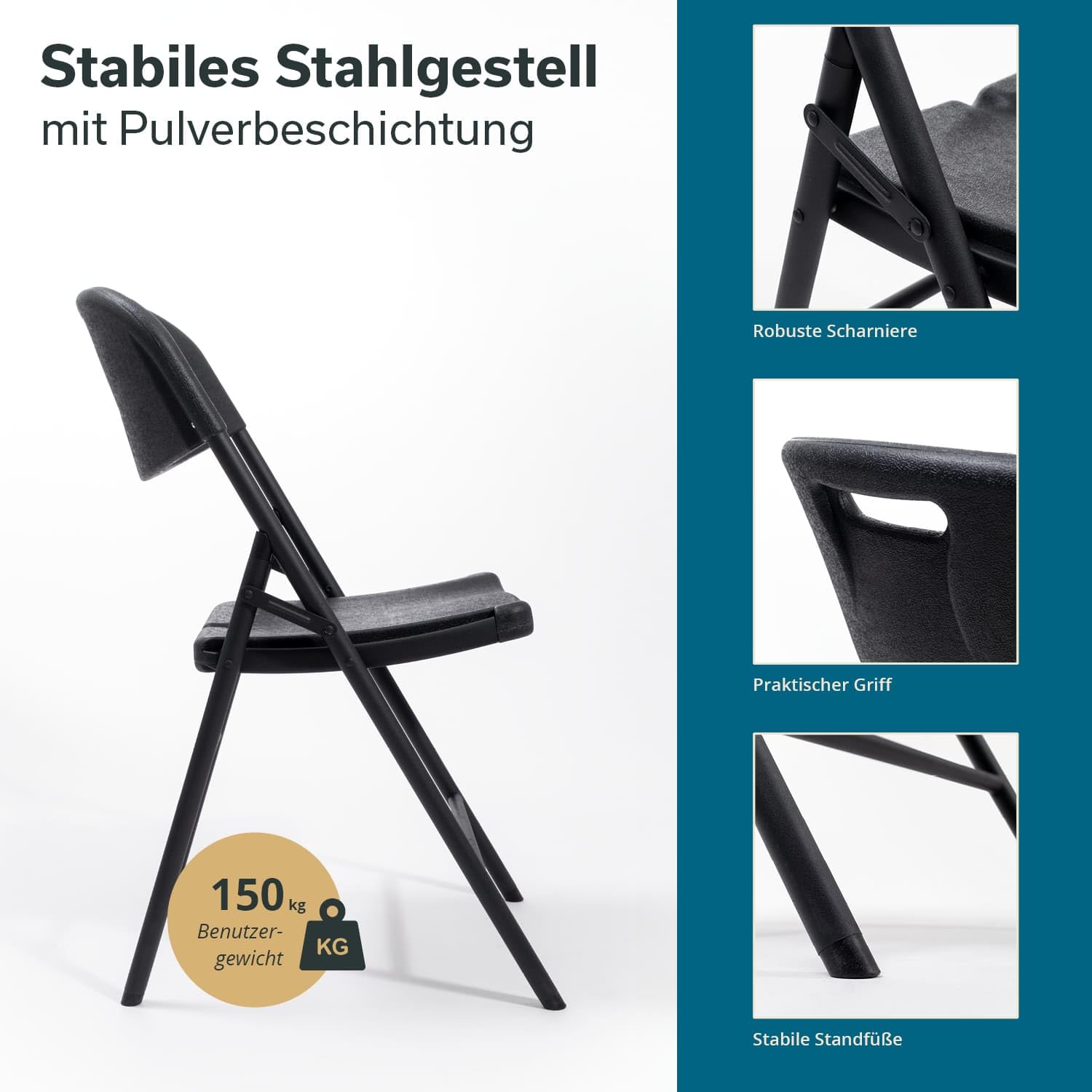 Skandika Klappstuhl MASI | Klappbarer Stuhl, 2er / 4er Set, 4 kg leicht, belastbar bis 150kg, wetterfest, Aufbau ohne Werkzeug | Campingstuhl klappbar, faltbar, für Camping (Schwarz | 2er-Set)