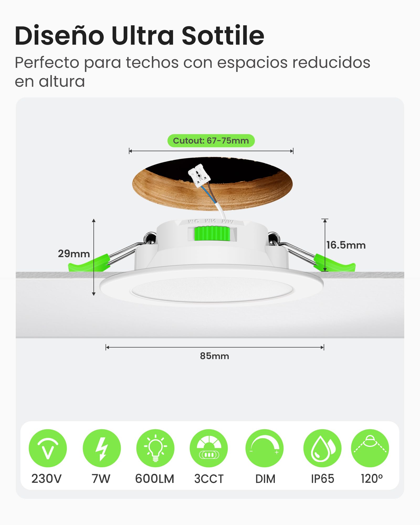 ALUSSO IP65 Downlight LED Techo Empotrable Regulable 7W 600LM 3CCT, Pack 6 | 3000K/4000K/6500K Focos LED Interior Techo Empotrado Corte Ø67-75mm, Ojos de Buey LED para Techo Baño Salón, Redonda Blanco