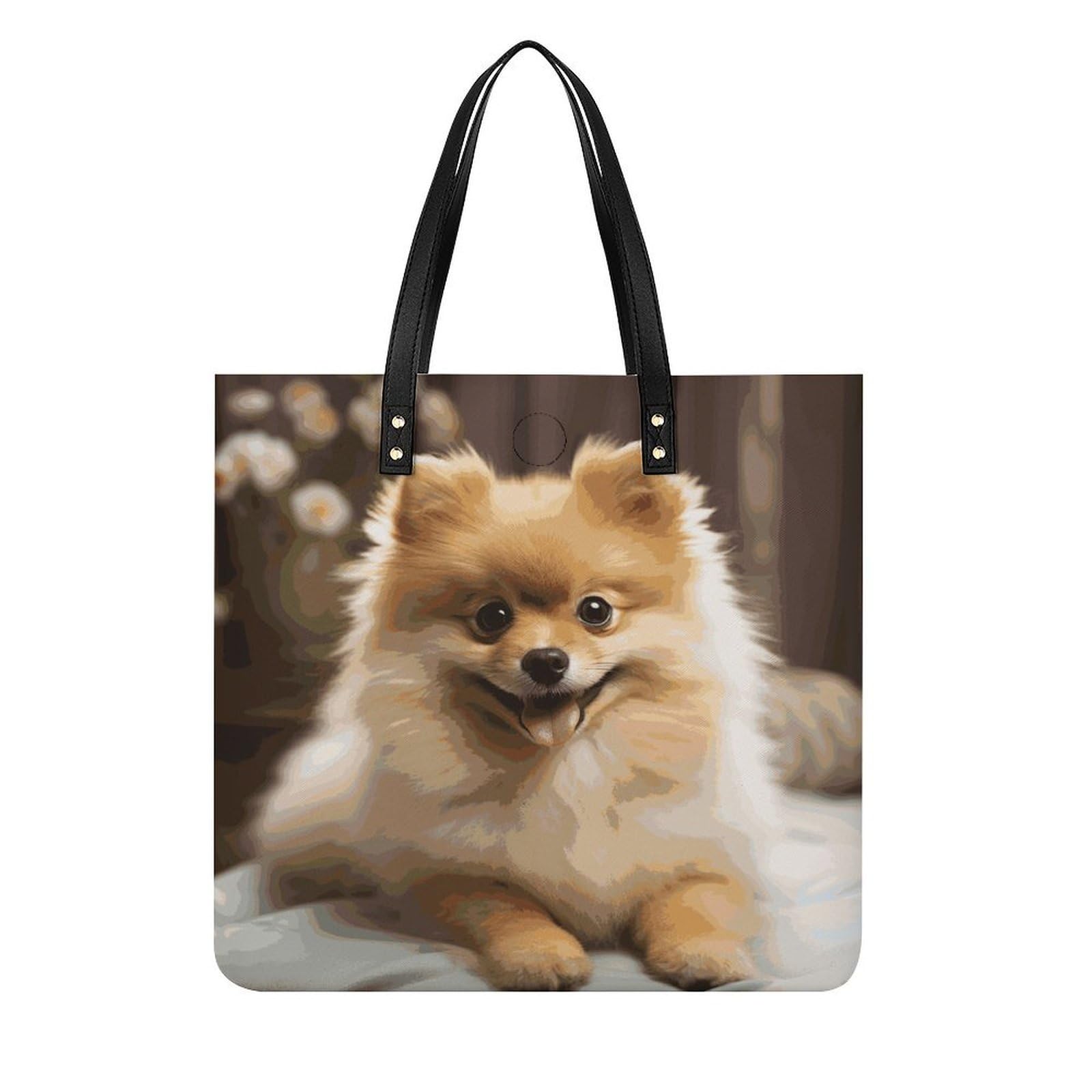 Cute Pomeranian Dog Tote Bag PU Leather Handbag Large Capacity Crossbody Purse Beautiful Shoulder Bag for Daily Travel Shopping