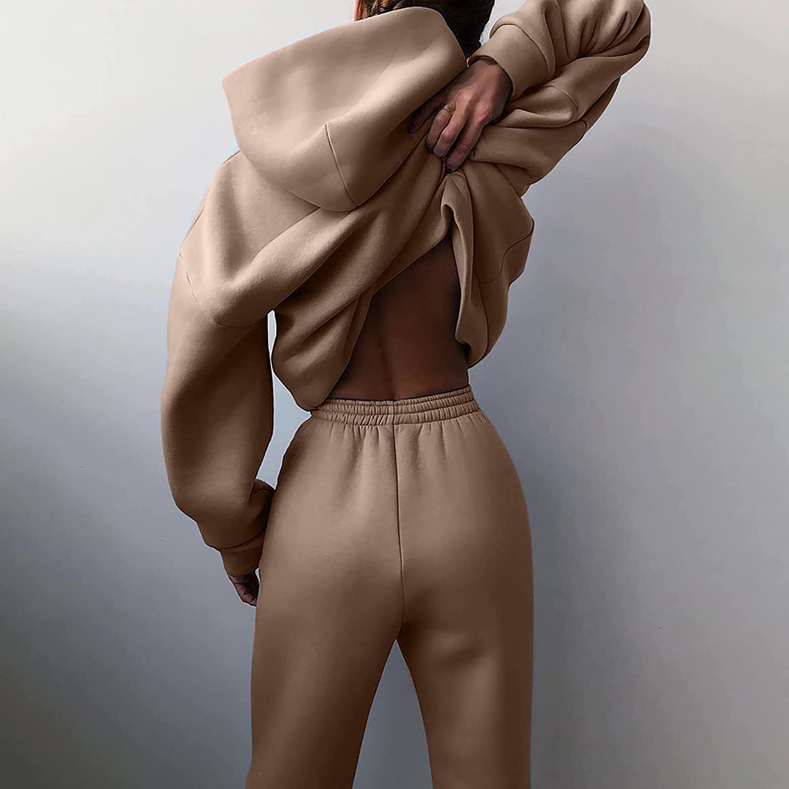 Generisch Tuta da jogging da donna, elegante, a maniche lunghe, casual, con cappuccio e pantaloni da jogging, in 2 pezzi, tinta unita, calda, morbida, comoda, per sport all'aria aperta, per