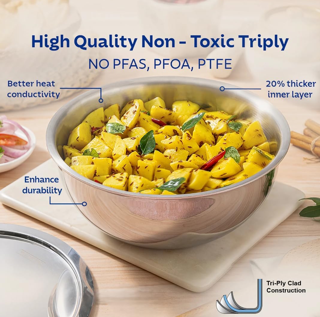 Triply Stainless Steel Tasla – 2.4 L, 9.4 inch (24cm) Extra Deep Kadai with 2.5mm Thick Tri-Ply Base – Heavy Induction Cookware, Small Size Perfect for 5 Persons