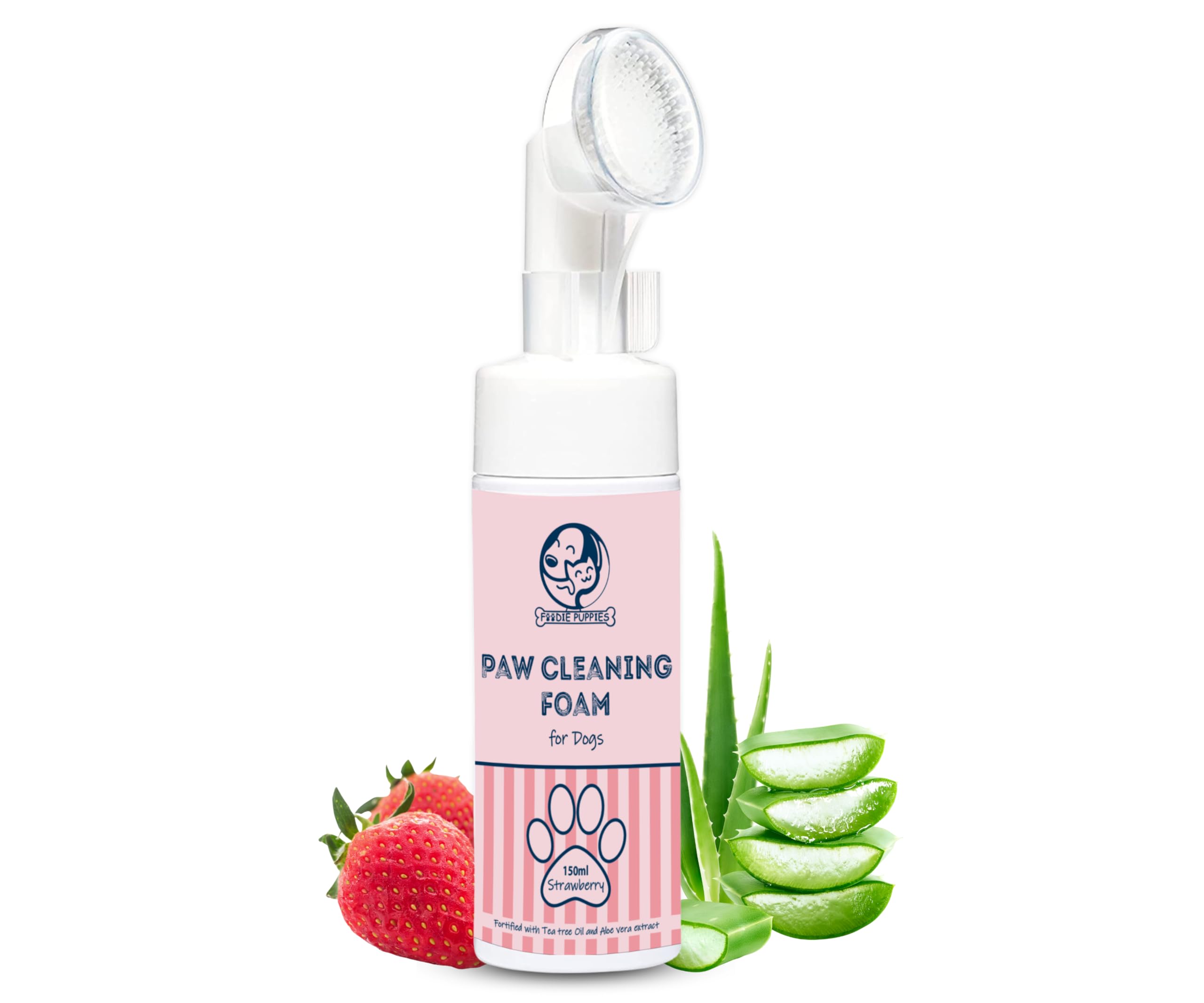 Paw Cleaner for Dogs - 150ml | Strawberry No-Rinse Foaming Cleanser with Silicon Brush | Tea Tree Oil & Aloe Vera | Quick Dry, Lick-Safe, Allergen-Free, Moisturizing & Freshening