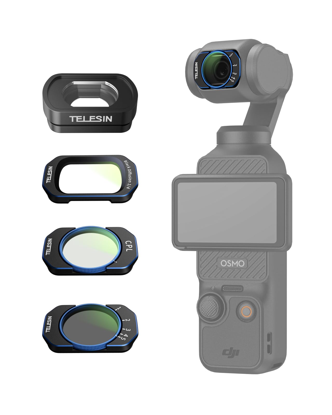 TELESIN Magnetisches Filter-Set für DJI Osmo Pocket 4/3 & Xtra Muse – 0,72x Weitwinkelobjektiv für erweitertes Sichtfeld, VND 2–32 ND, CPL, Black Diffusion 1/4, Aufsteck-Objektivfilter
