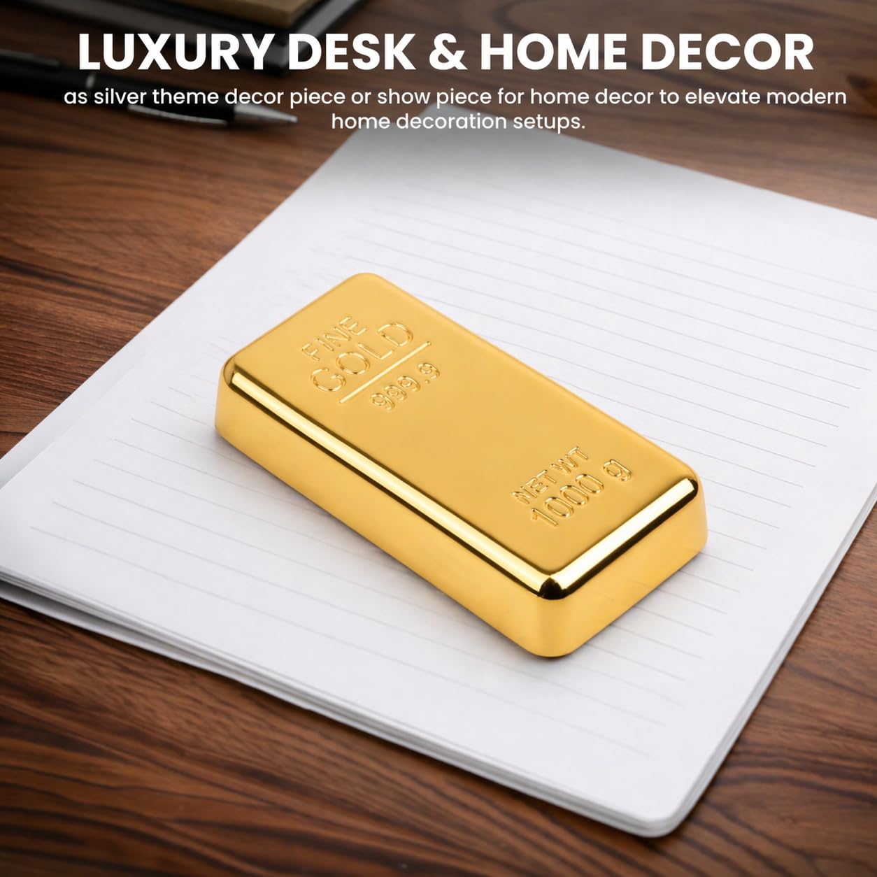 ZAHEPA Realistic Metal Gold Bar Paperweight for Office Table, Fake Gold Biscuit Paper Weight Table Decoration, Prop for Jewellery Shop & Heist Theme, Unique Gift for Home & Office (Pack of 1) 2
