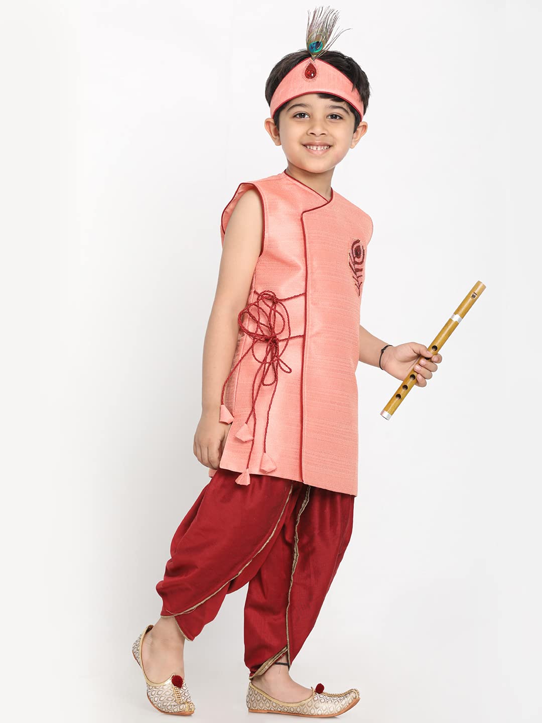 Jbn Creation Boys' Silk Blend Krishna Style Kurta And Dhoti Pant Set With Mukut And Bansuri_Jbnbdk004Pn_22