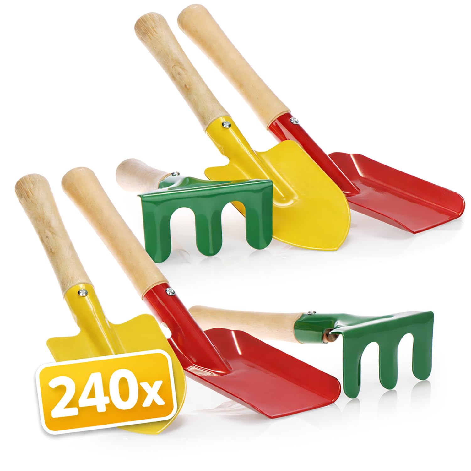 COM-FOUR® 240-teiliges Mini Gartenwerkzeug Set - Großpack Harke, Schaufel und Spaten aus robustem Metall und Holz - perfekt für Gartenarbeit, Balkon, Terrasse und Beetpflege (Set 5 - Big)