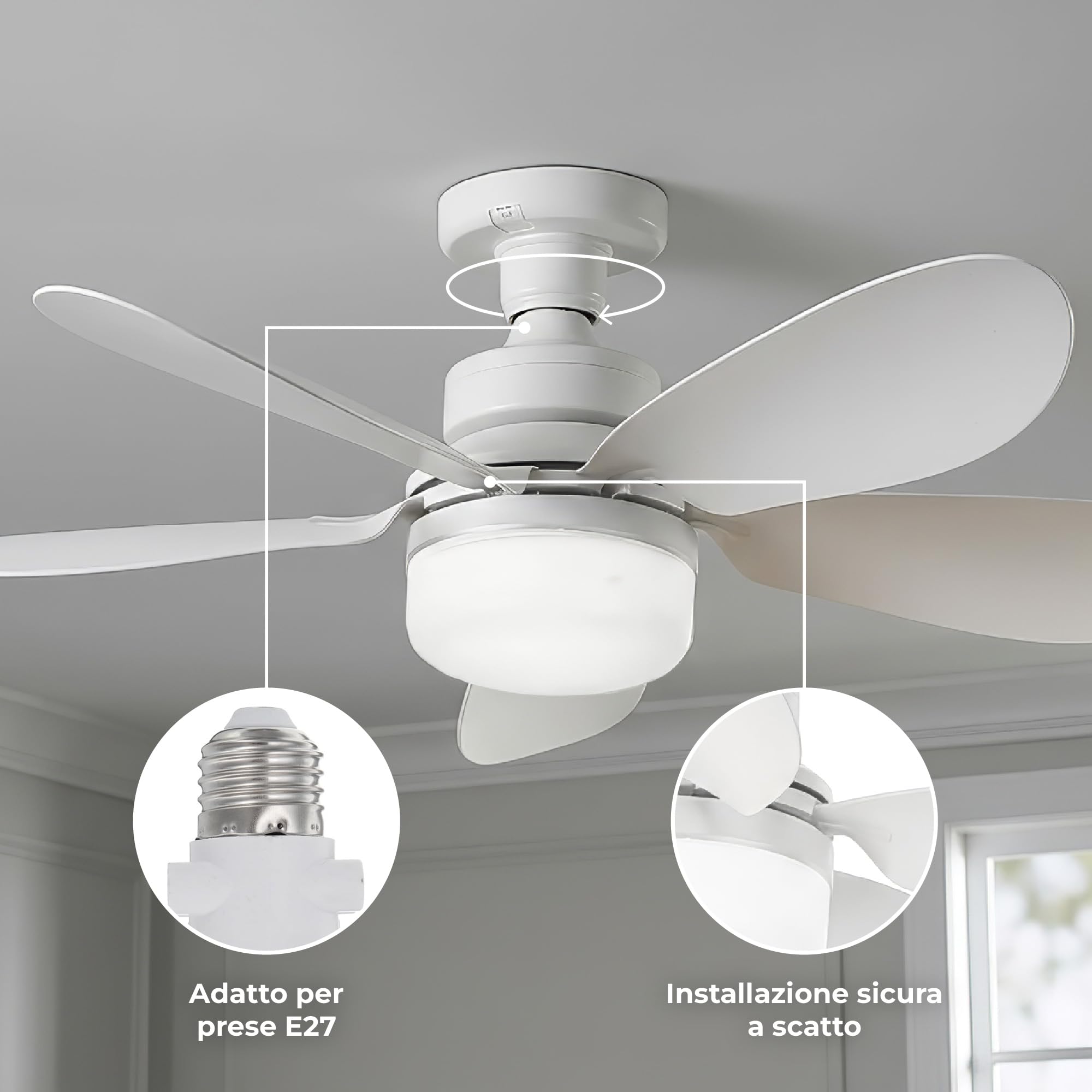 IlGruppone Lampadario con Ventilatore da Soffitto, Luce LED E27 Avvitabile – Lampadario con Ventola 2 in 1 Silenzioso con Telecomando, 6 velocità, Timer e Luce Dimmerabile 51 cm