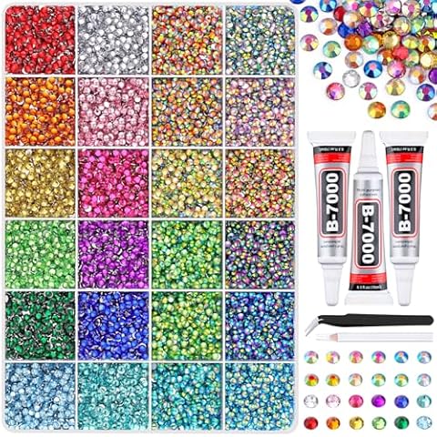 24000Pcs Resin Rhinestones with Tweezers for Crafting, Mixed-Color 3mm Bedazzling Crystal with 3Pcs 10ml B7000 Jewelry Glue for DIY Crafts Clothing Tumblers Shoes Fabric Nail Art Cover
