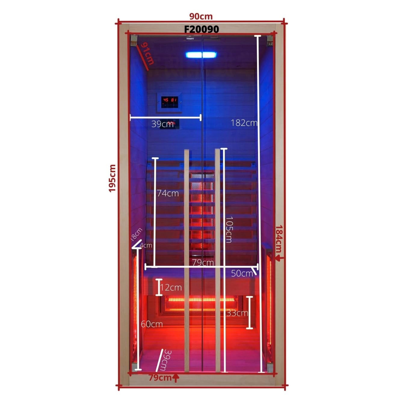 SANOTECHNIK Cabina de infrarrojos RUBY 1 – 1 persona sauna de infrarrojos 90 × 100 × 195 cm | 4 focos de espectro completo (1550 W), luz LED, Bluetooth, MP3, cristal de seguridad ESG de 6 mm, pantalla