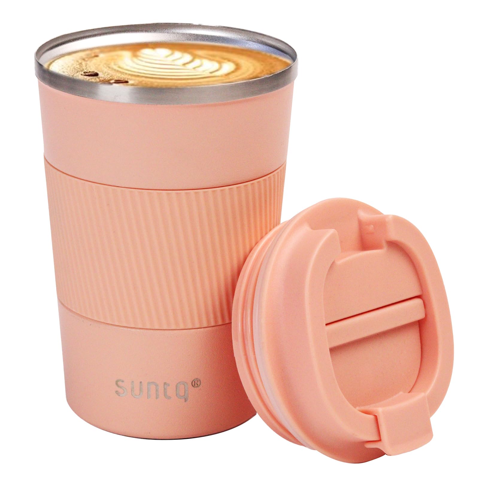SUNTQ Kaffeebecher to go Thermo aus Edelstahl 380ml Thermobecher mit Gummierte Manschette Doppelwand Isoliert - Kaffeetasse mit Auslaufsicherem Deckel Wiederverwendbar Rosa