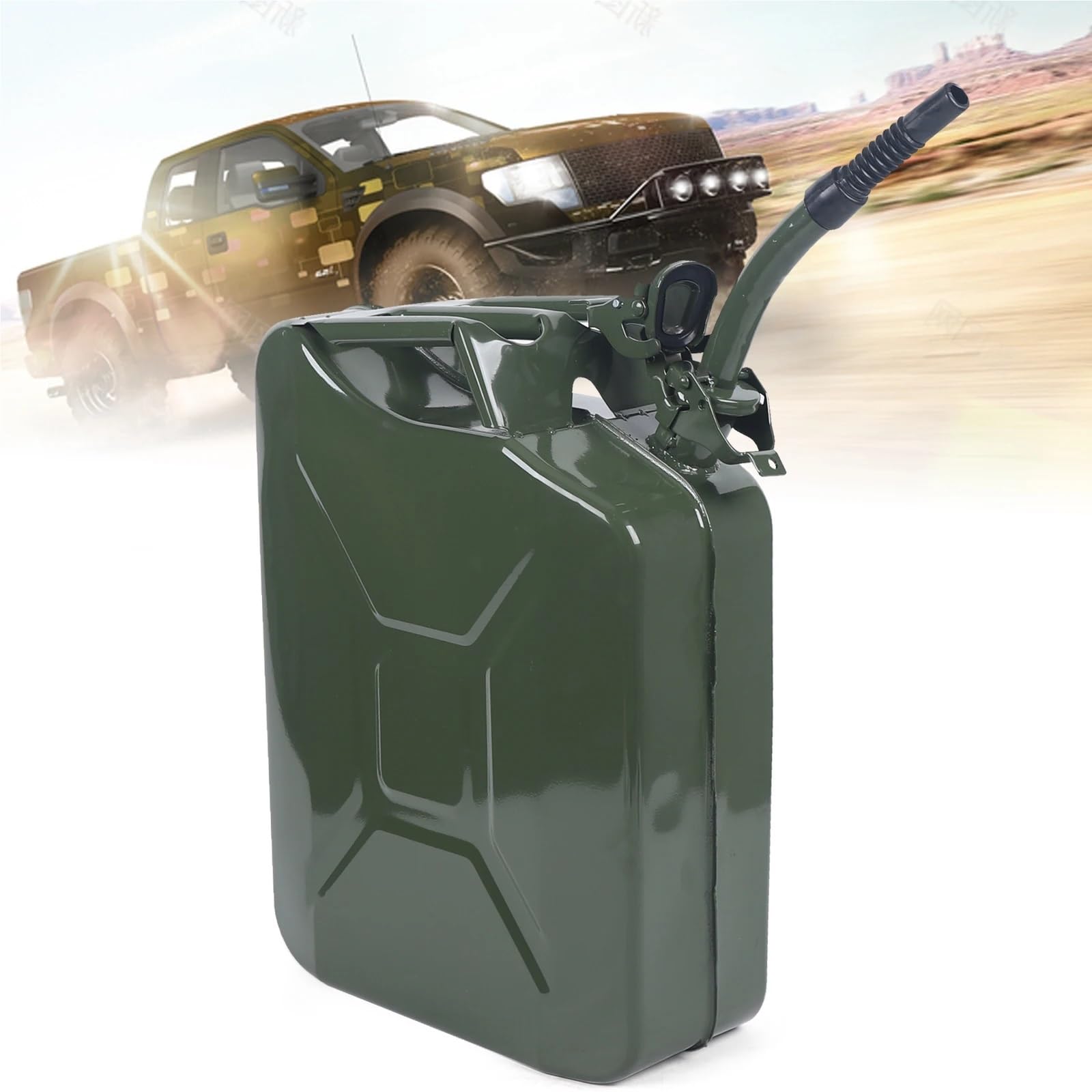 Benzinkanister 20-Liter-Benzinkanister aus Metall, grün, mit Kraftstoffbehälter und Ausgießsystem, Benzineimer aus kaltgewalztem Blech, Benzintank, Dieselkanister