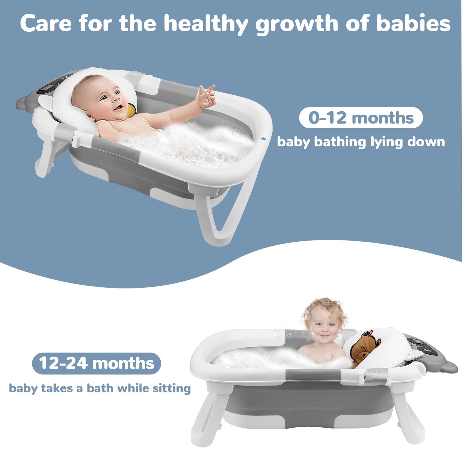 Kasanni Vaschetta da Bagno Pieghevole, Vaschetta Bagnetto Neonato con Indicatore di Temperatura, Vaschetta da Bagno Portatile con Tappetino Antiscivolo, Foro di Drenaggio, per Bambini da 0 a 36 Mesi