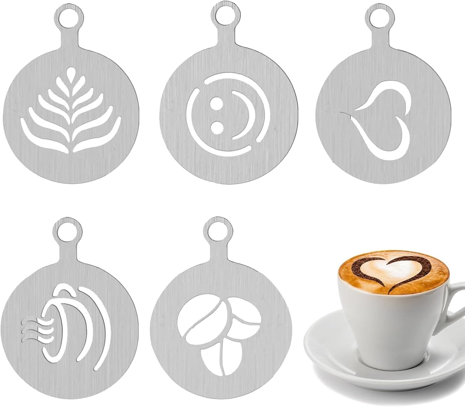 5 sztuk szablonów do kawy ze stali nierdzewnej Cappuccino Barista szablony do dekoracji kakao akcesoria do kawy DIY szablony artystyczne kawa cappuccino
