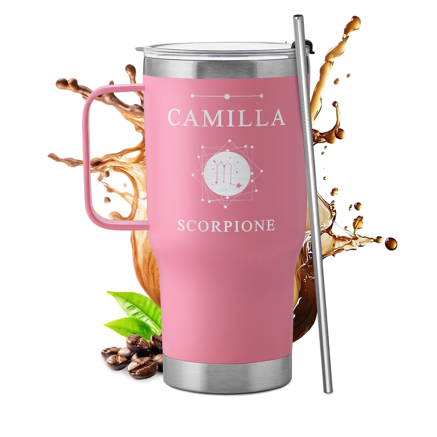 Maverton Tazza termica con manico e cannuccia 600ml - Borraccia con cannuccia acciaio inox - Bicchiere termico rosa - Tazza personalizzata per viaggio accessori utili - Idee regalo donna compleanno