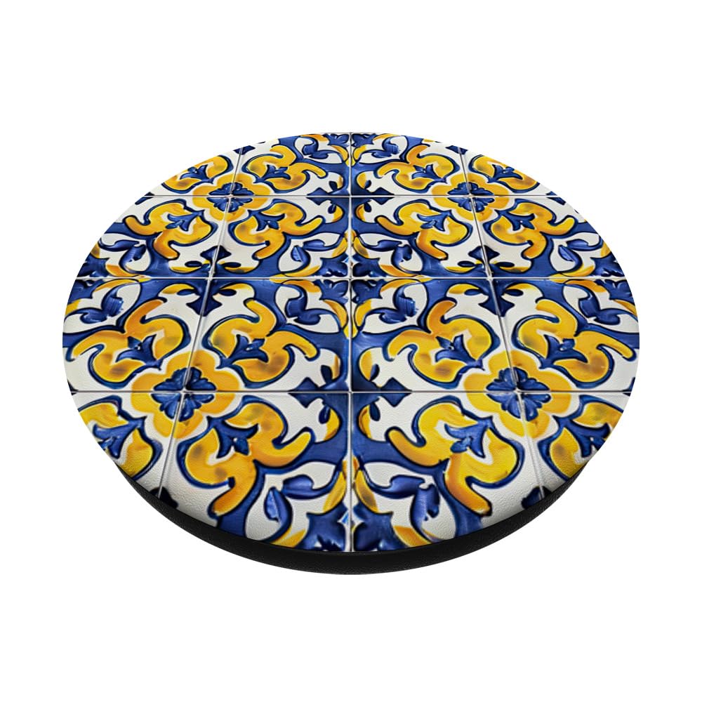 Portugese Tile Traditional Terracota Floral Pattern PopSockets Adhesive PopGrip, Black - Image 2