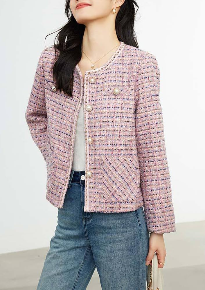 Giacca da Donna in Tweed Doppiopetto Giacca Casual in Tweed abbottonata Casual Giacca Elegante con Corsetto da Ufficio Senza Risvolto