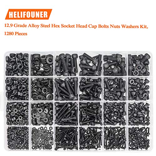Helifouner 1280 Pieces Socket Head Cap Screw Bolts, Flat Washers And Nuts Assortment Kit, 12.9 Grade Alloy Steel, Full Thread (M2 M3 M4 M5) #TOP3