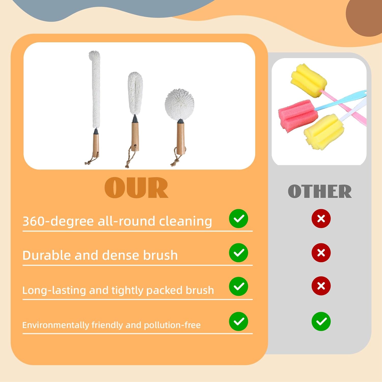 3 Pcs Cleaning Bottle Brush Set, Decanter Cleaning Brush, Multifunctional Household Cleaning Brush Tool, Wood Handle Bottle Brush, for Washing Multiple cup types