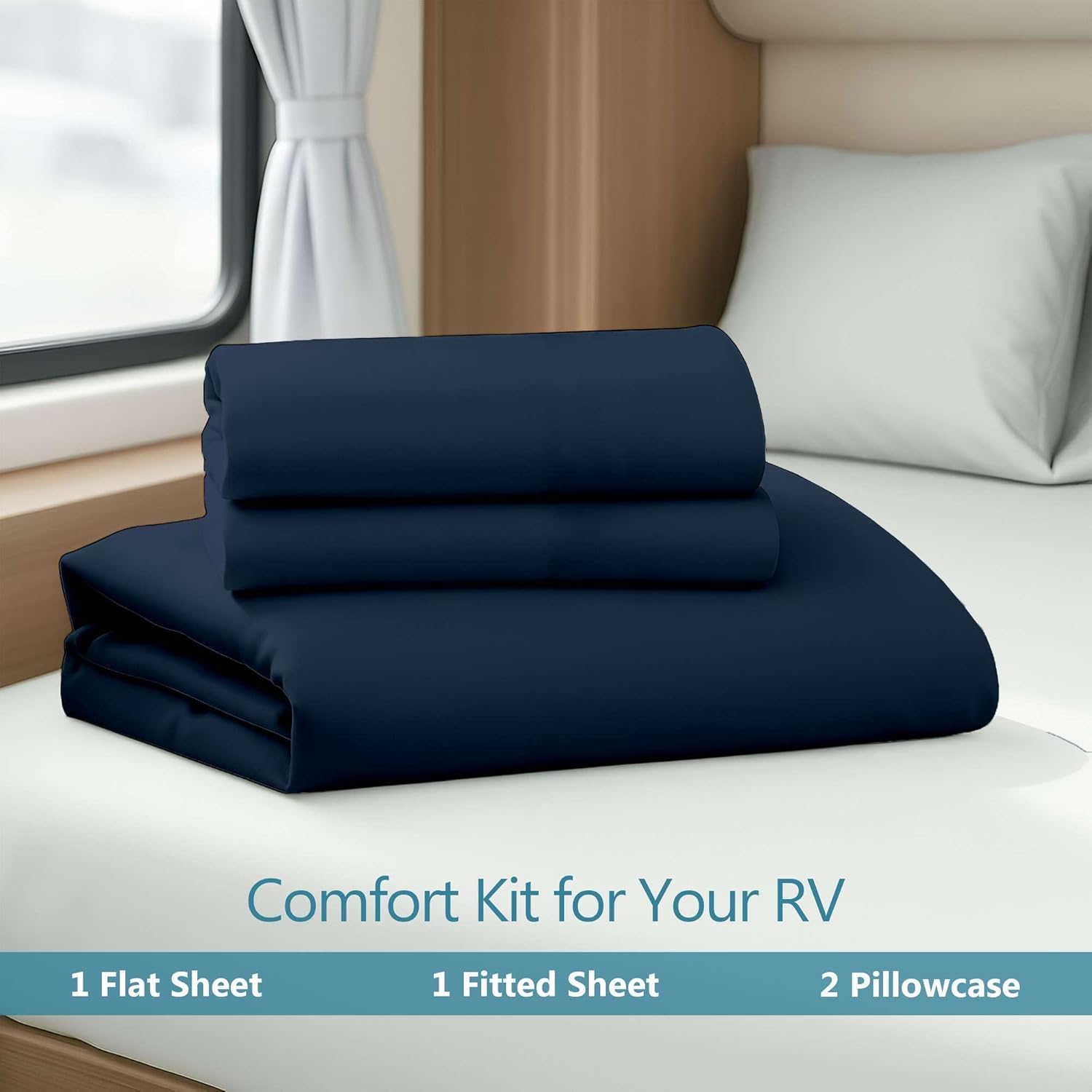 Ready To Rest Full Size 4 Piece Sheet Set for RVs (53x75) - Navy Blue, Deep Pocket Fits 15 Inch Mattress, Ultra-Soft Brushed Microfiber, Ideal for Home, RV Bunks, Guest Beds & Travel Trailers