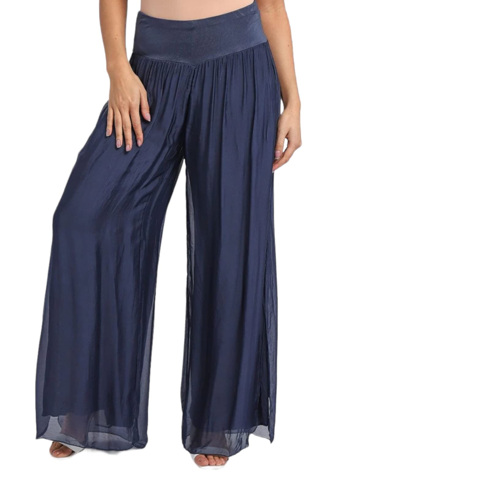 Alam Exclusive Women's Navy Trousers Lagenlook Quirky Boho Harem Baggy Elegant Layer Silk Puffball Palazzo Pants Summer Party For Her