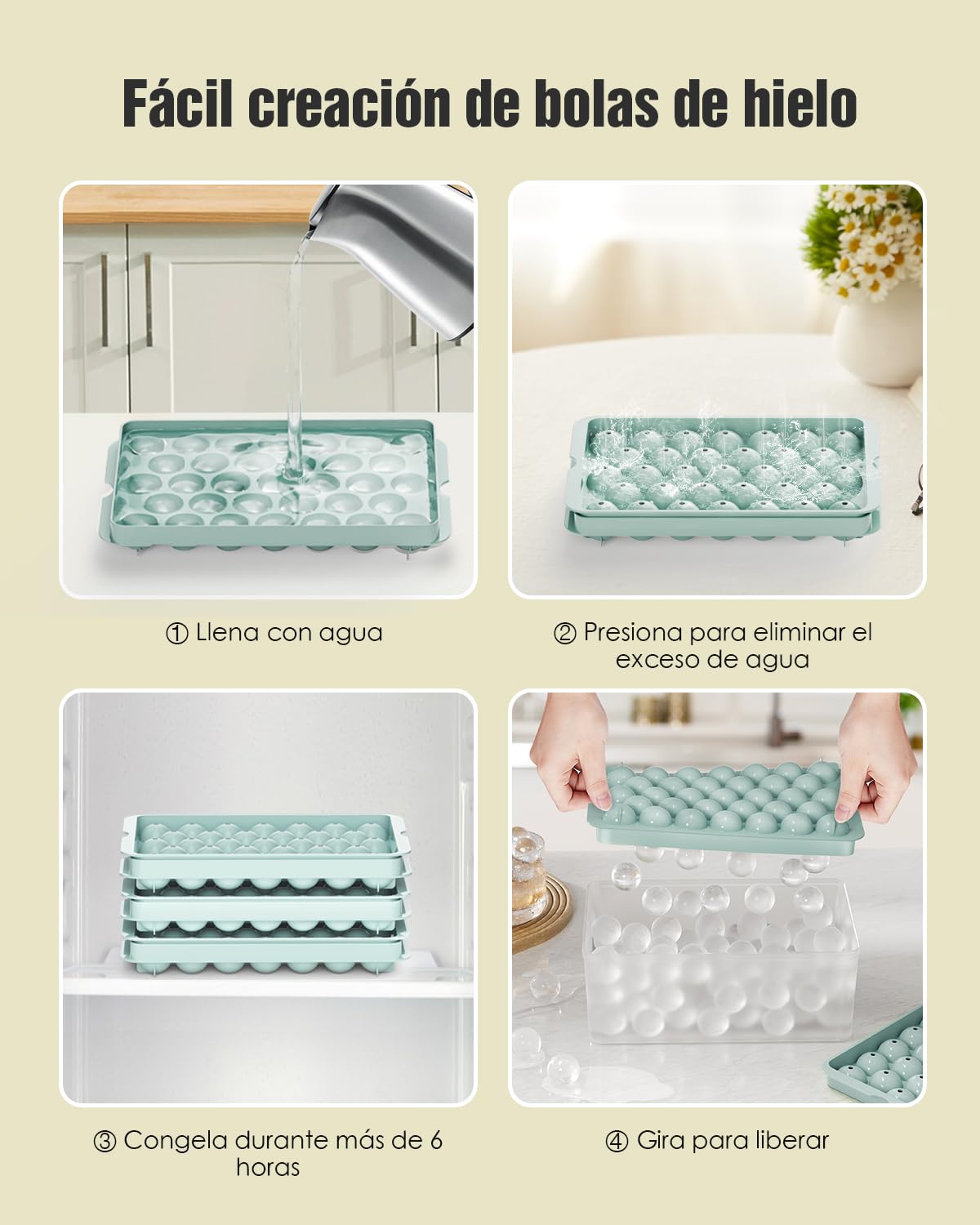 Cubiteras para Hielo Redondos con Tapa - Set de 3 Bandejas Apilables Molde Hielo Bolas para Whisky