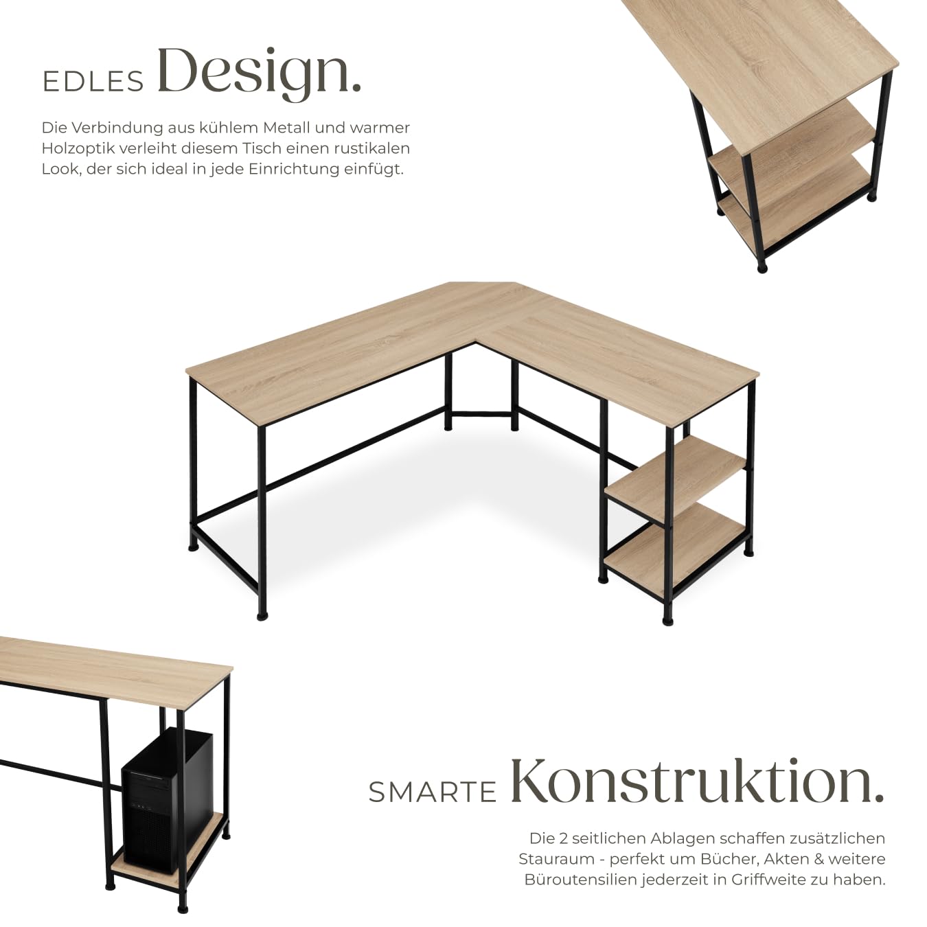tectake® Schreibtisch L Form, Eckschreibtisch mit Monitoraufsatz, Industrial Schreibtisch, Gaming Tisch, Computertisch, für Home Office, Büro - 138x138x75,5cm - Industrial Holz hell, Eiche Sonoma