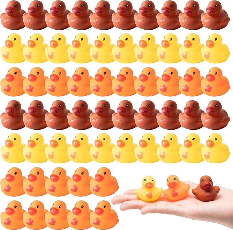 HaooryxFall Mini Rubber Ducks - 60Pcs Holiday Bath Toys Autumn Maple Leave Bathtub Float Ducky Tiny Squeak Duck for Kids Fall Themed Party Festival Favors Baby Shower Toys School Class Game Reward