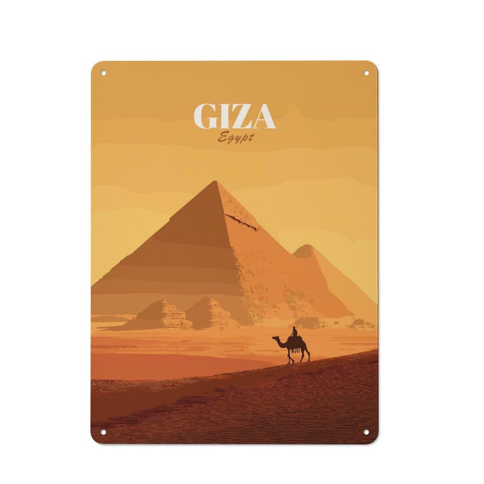 Junmoney Style-24 Metal Gift Sign With Giza Egypt Pyramid Camel Desert Illustration Design 40X30cm, Character Room Wall Plaque For Flat, Dorm Room, Lounge Or Cafe