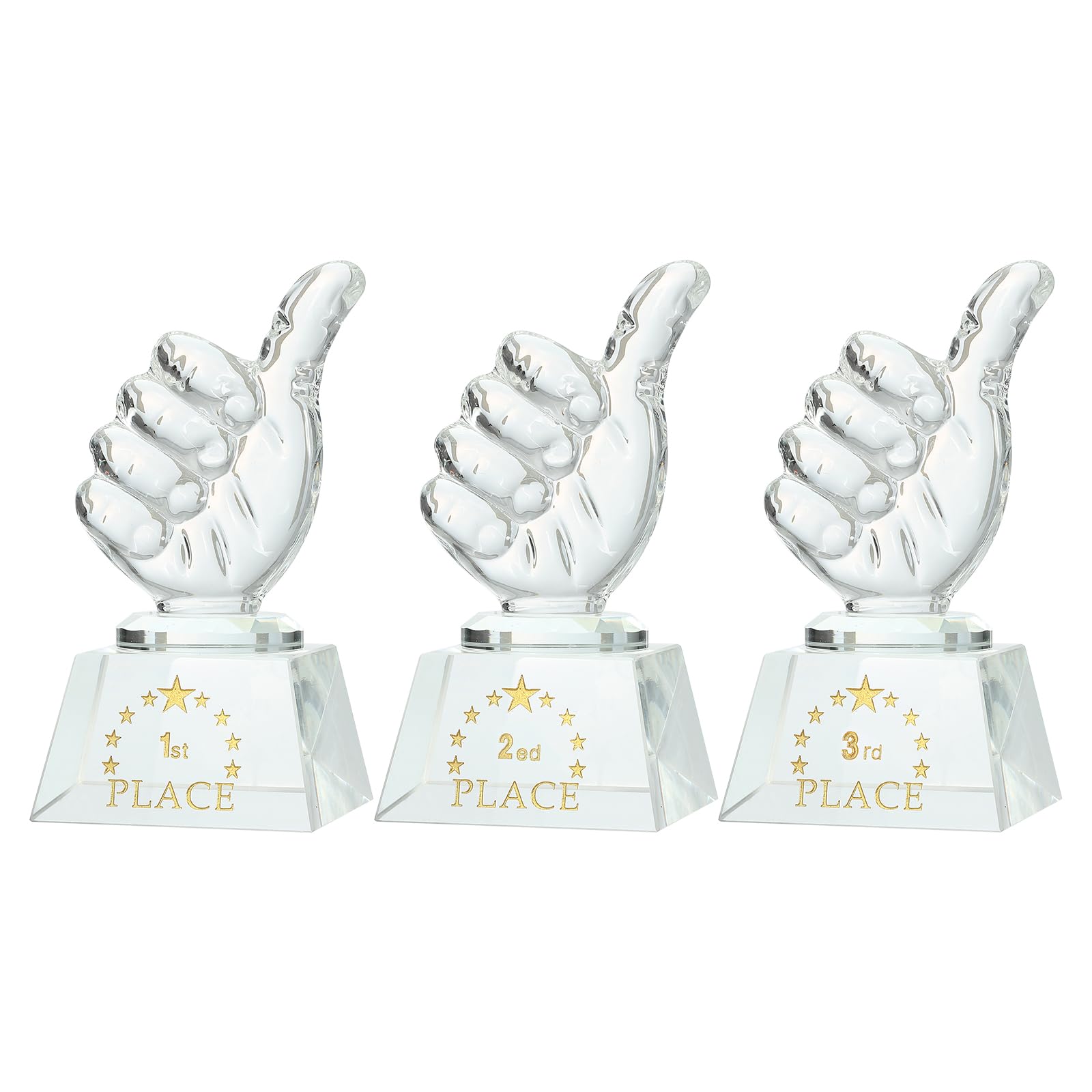 QUARKZMAN Trofeo Cristal con Pulgar Arriba, Premios para 1er 2do 3er Lugar con Caja para Decoración Escritorio O Mesa En Torneos Competencias Deportivas, Base Blanca Transparente 3Pzs