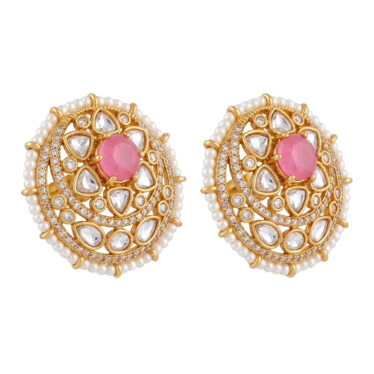 Traditional Gold Plated Polki Kundan and Pastel Pink Stone Studded Statement Big Earrings for Women and Girls | Kundan and Pearl Stud Earrings | Big Traditional Wedding Earrings-picture-30