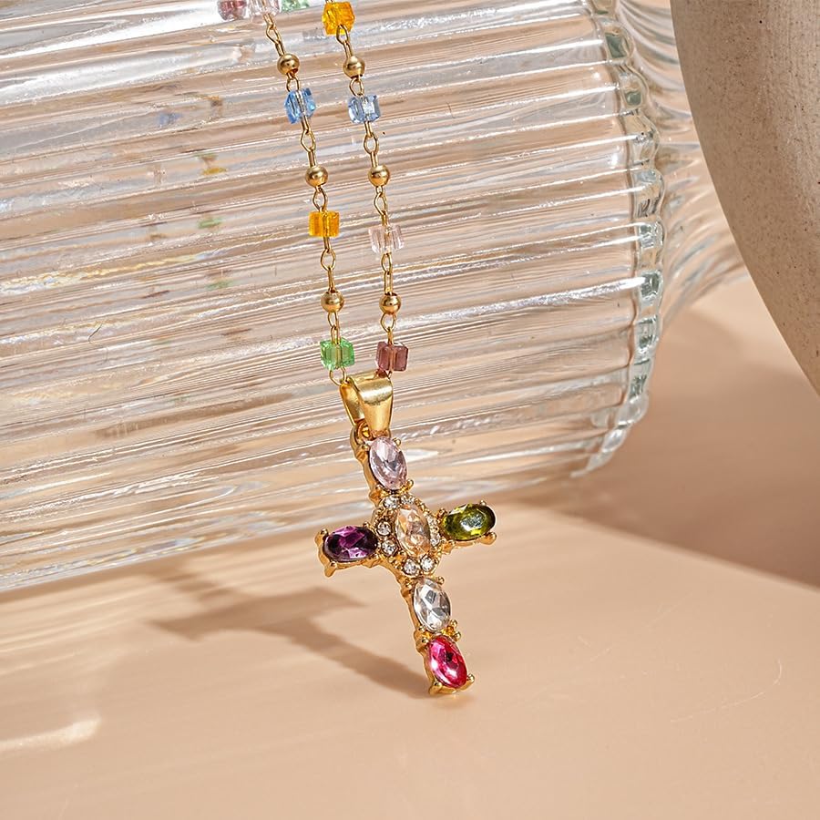 Colorful Cross Necklace for Women Rainbow Cross Pendant Necklace Trendy Colorful Chain Cross Necklace Gothic Catholic Christian Costume Accessories Jewelry - Image 2