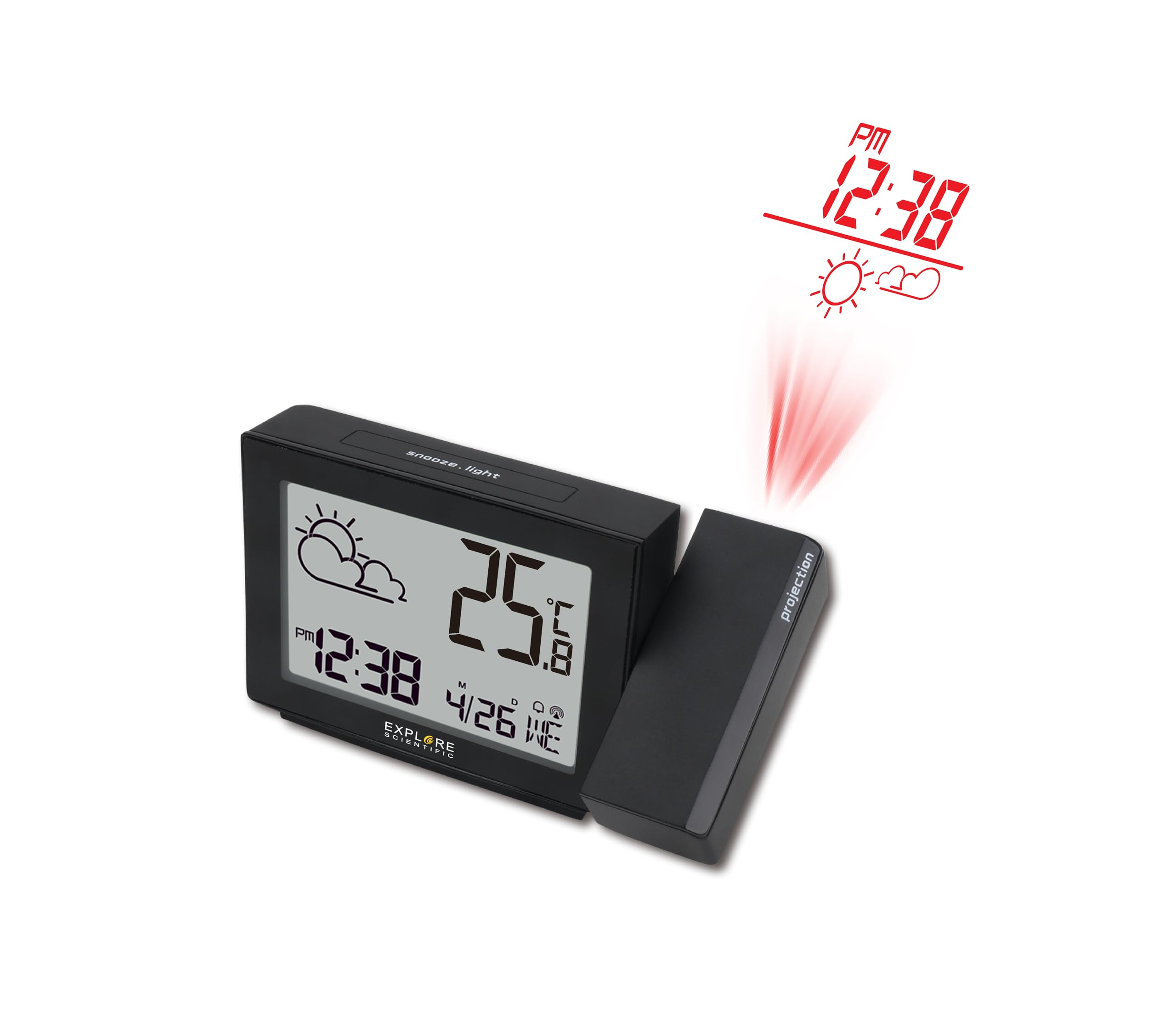Explore Scientific RPW3001 Orologio a Proiezione, con Meteo, Radiocontrollato, Barometro, Visualizzazione Temperatura Interna, Nero