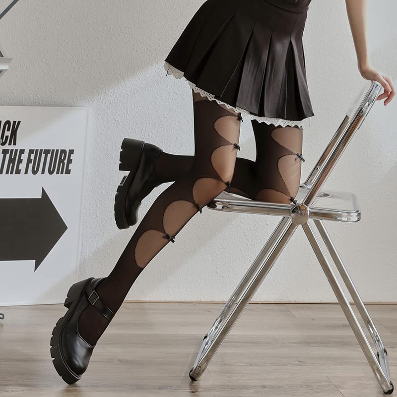 Sahabowi Women Tights, Sheer High Waist Pantyhose, Vintage Control Top Stockings, Siwa 2: Front Bow Jacquard Black