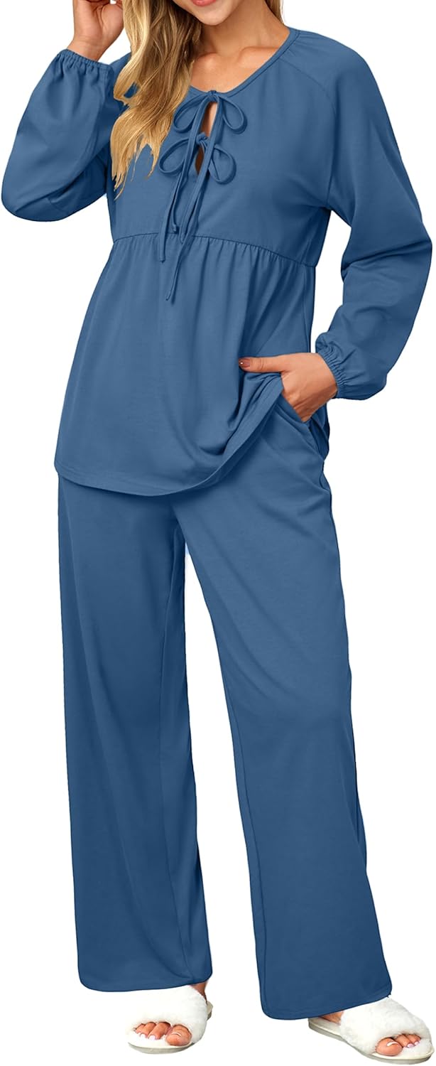 OUGES Womens Cotton Blend Maternity Pajama Sets Tie Front Loungewear Pregnancy Sleepwear Top & Long Pants with Pockets