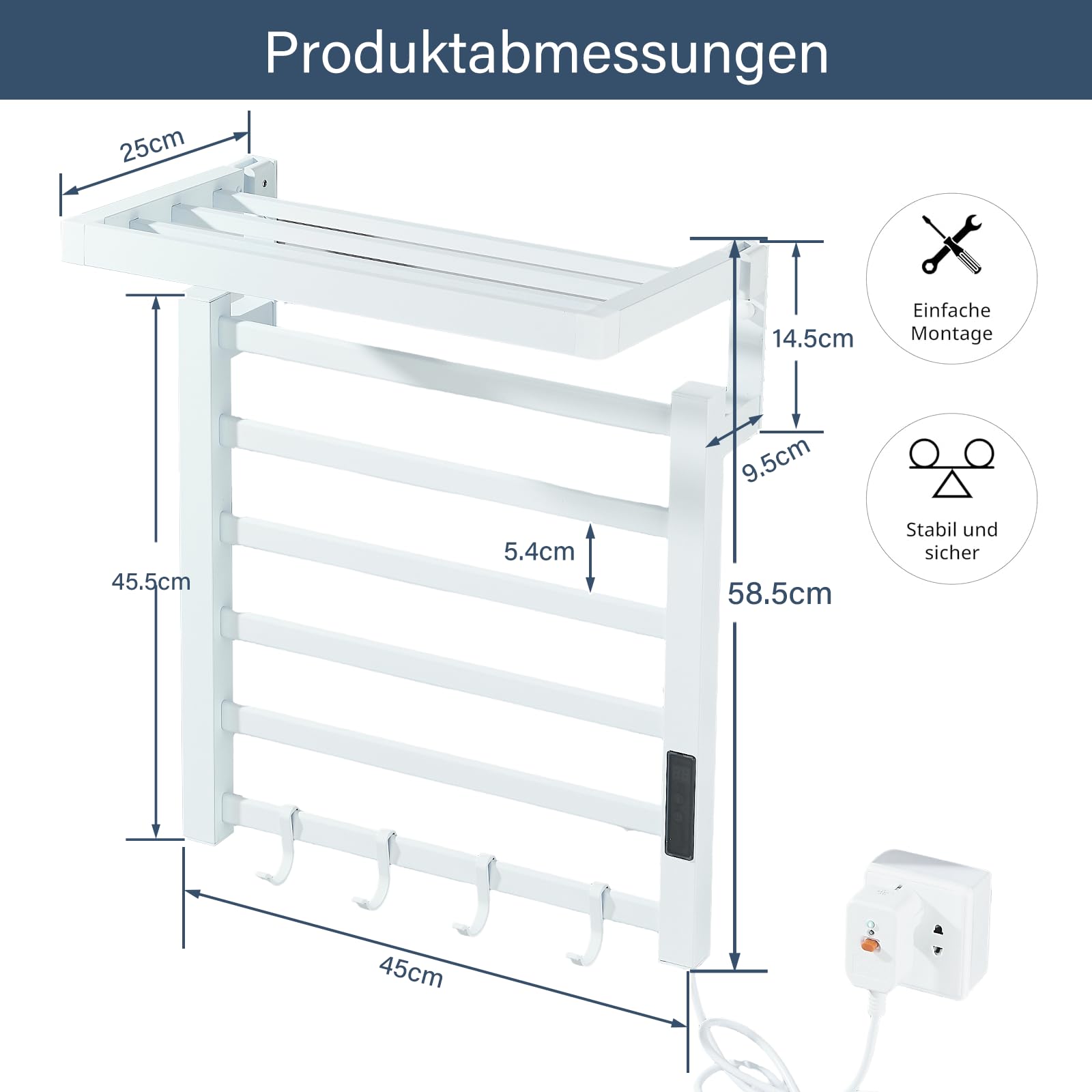 Handtuchtrockner Elektrisch Badheizkörper 585 x 450mm Handtuchheizkörper Bad Heizkörper mit LCD-Displays Weiß Badheizkörper mit Intelligenter Temperaturregler Handtuchwärmer Handtuchheizung
