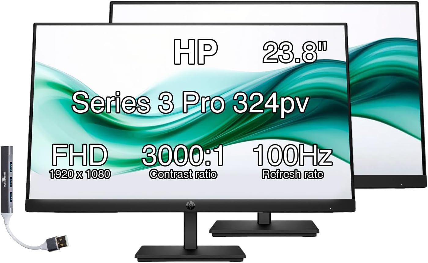 24" Series 3 Pro 324pv FHD Monitor with 5 ms Response Time, Anti-Glare, Flicker Free,VESA Mount (100x100mm), HDMI, VGA & Dockztorm USB Port Expander, Black (9U5C1AA#ABA) (2026 Latest Model) 2-Pack