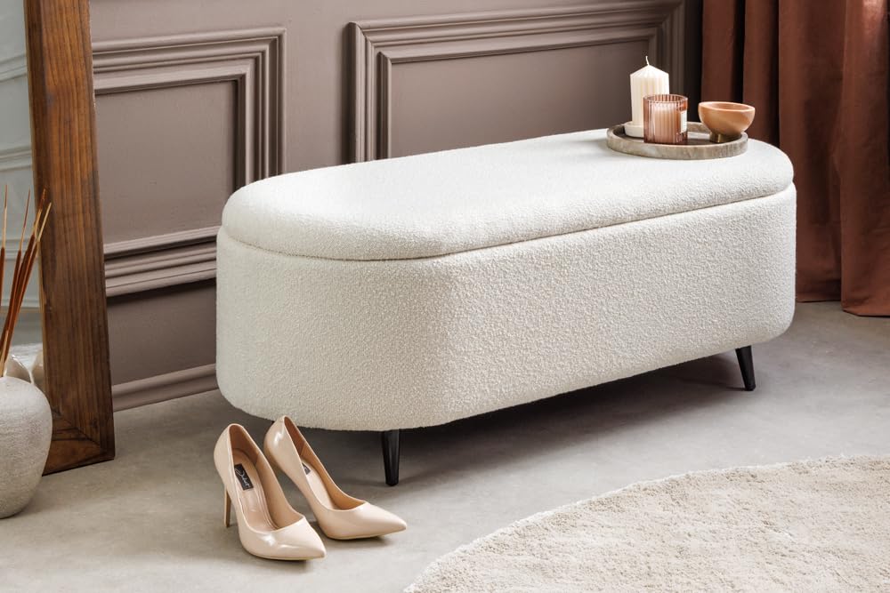 Riess Ambiente Scandinavische Polsterbank Vogue 110cm - weiß - Bouclé schwarz Sitzbank mit Stauraum modern Flur Schlafzimmer