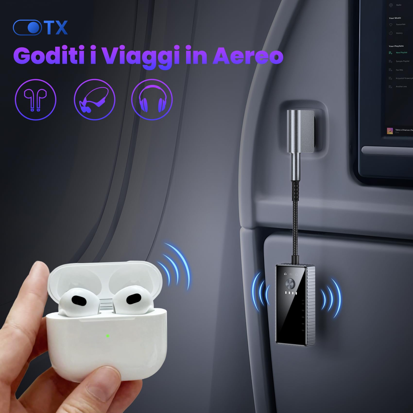 Trasmettitore Ricevitore Bluetooth per TV, 2 in 1 Adattatore Bluetooth 5.2 Supporta 2 Cuffie con AptX, Audio Jack da 3.5 mm per Aereo/Auto/Amplificatore/Palestra
