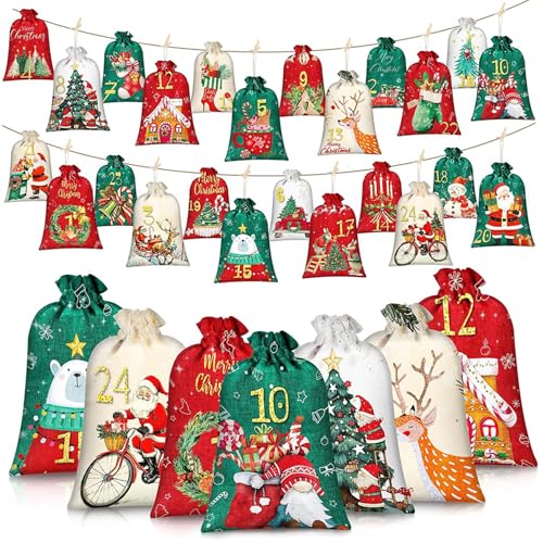 24 Sacs de Calendrier de l'Avent en tissu avec cordon pour décoration de Noël
