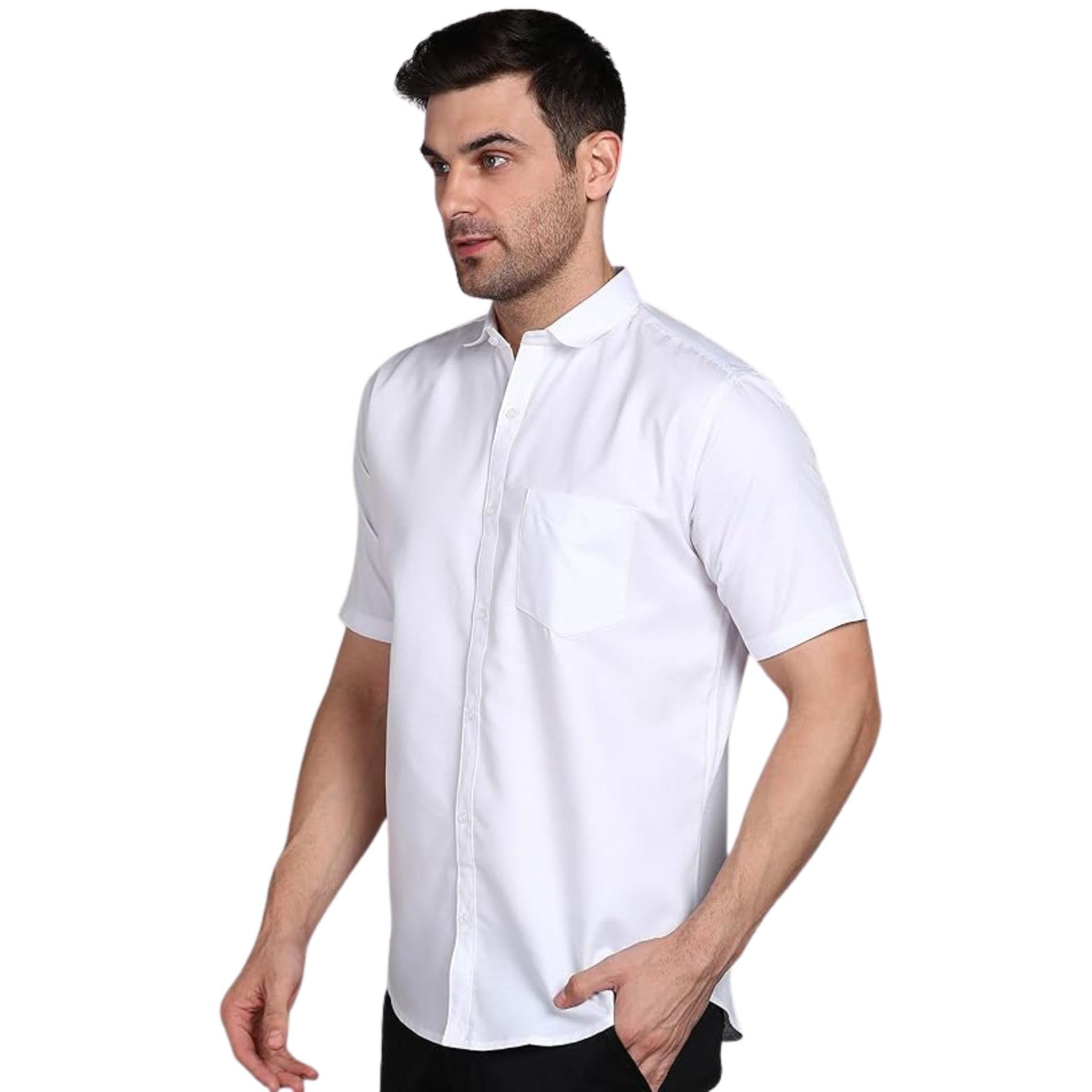 mildin Men's Regular Cotton Blend Slim Fit Solid Button Down Spread Collar Half Sleeve Curved Hemline Formal Shirt with One Pocket-picture-18