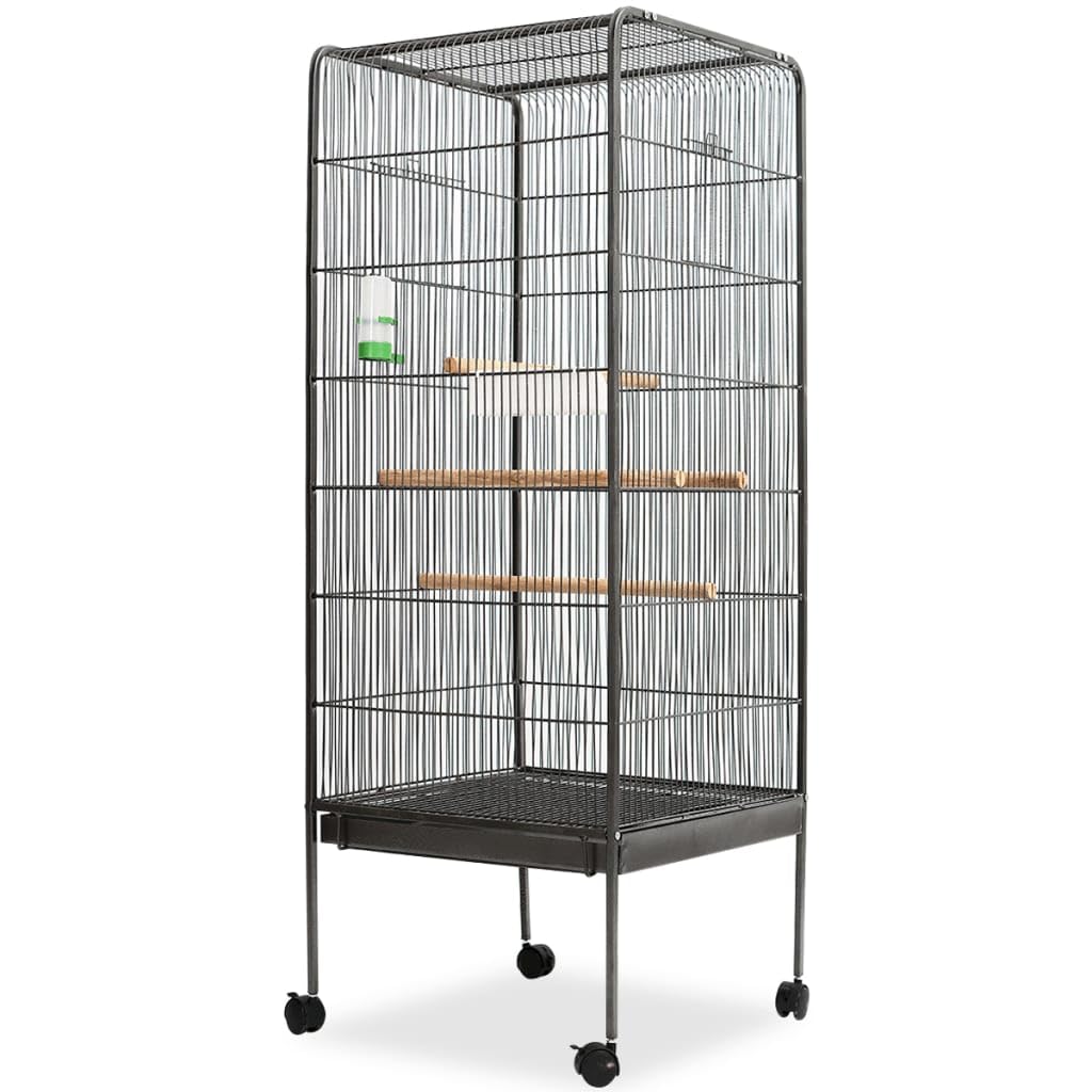 Großer Vogelkäfig aus Stahl mit Vier Holz-Sitzstangen, ausziehbarem Tablett und Rollen – Voliere mit engmaschigem Drahtgitter, inklusive Futterschale und Wasserspender, 54x54x146