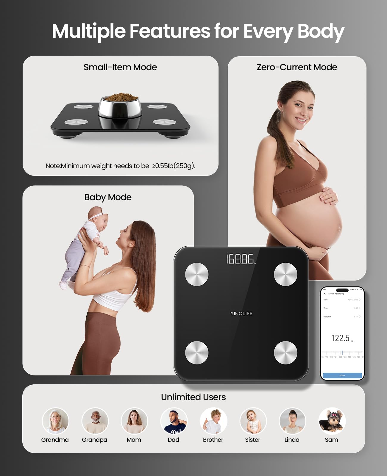 YINOLIFE Bilancia intelligente per il peso corporeo, bilancia digitale da bagno con BMI, grasso corporeo, massa muscolare, bilancia ad alta precisione con display a LED, robusto vetro temperato,