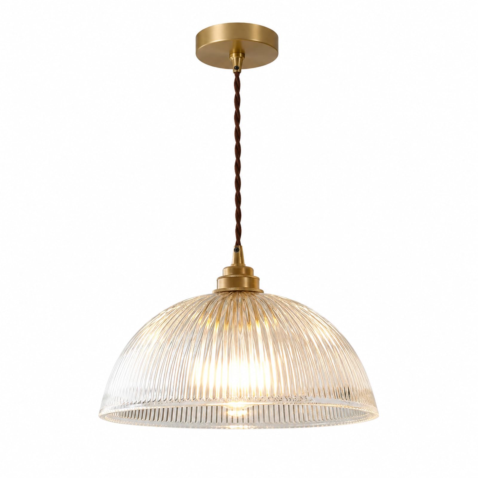 Hjxdtech Clear Industrial Ribbed Glass Pendant Light, E27 Brass Base,⌀30Cm Dome Shade