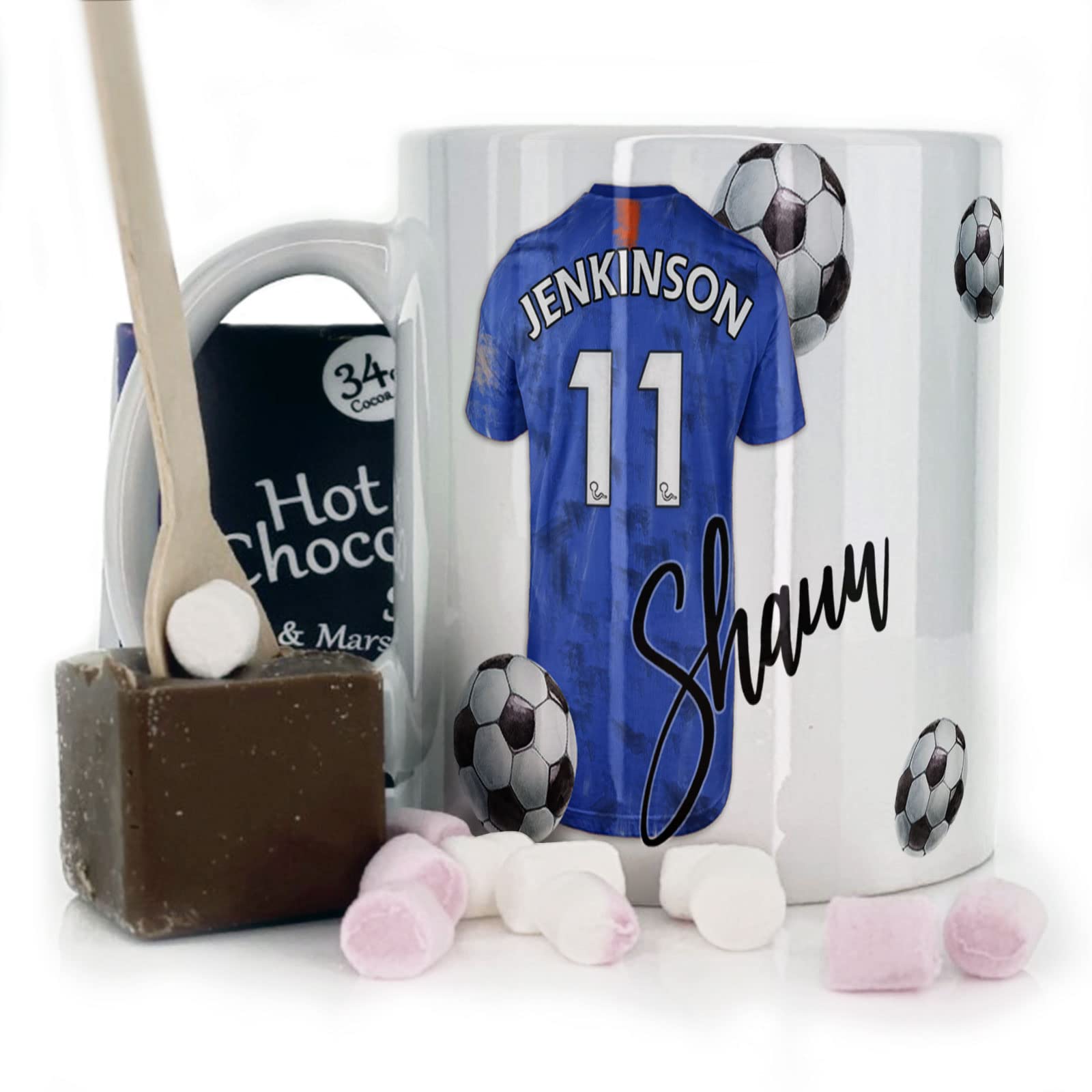 Personalised Mug and Belgian Milk Chocolate/Hot Chocolate Stirrer Marshmallow Gift Set, Customised with Name / Number / Text, (11oz) White, Yellow, Blue, Black, Pink Mug with Blue Patch Football Shirt — image 1